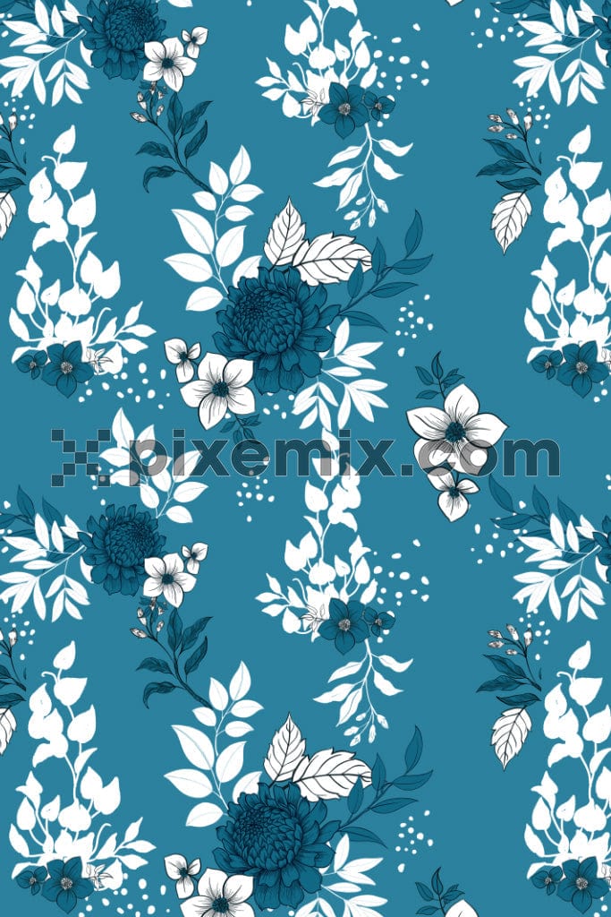 Monochrome florals and leaves product graphic with seamless repeat pattern