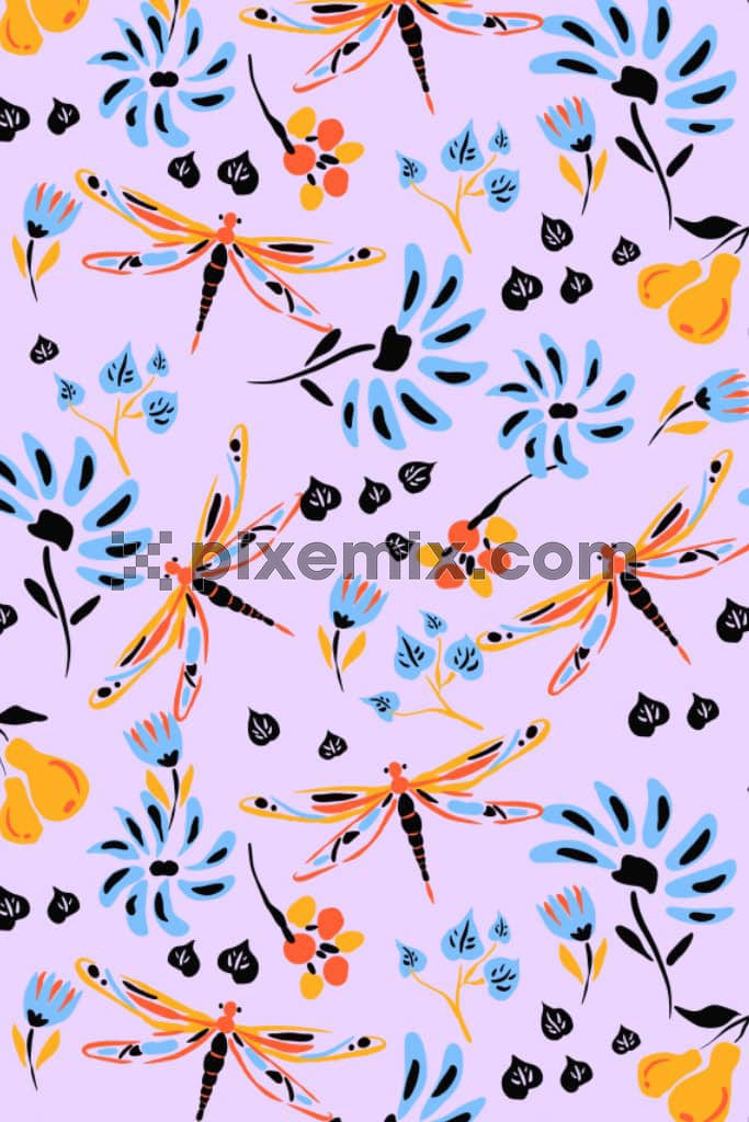 Doodle art inspired dragonfly and floral product graphic with seamless repeat pattern