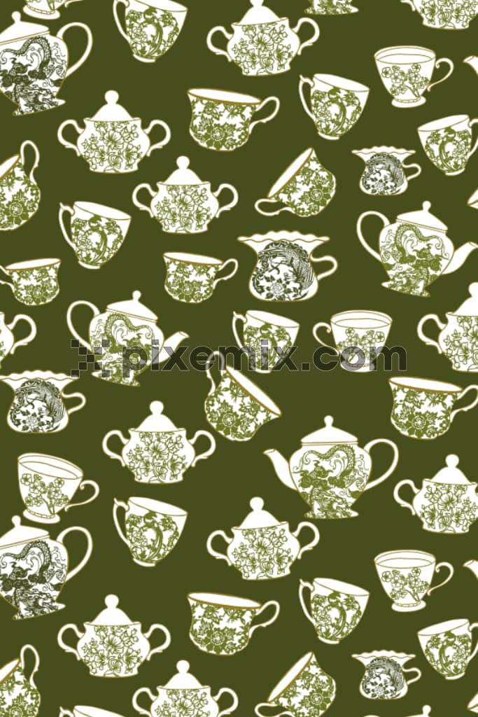 Lineart florals on cup product graphic with seamless repeat pattern