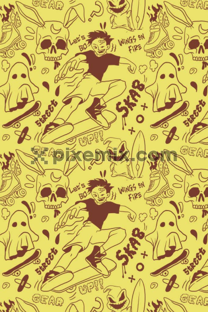 Street art inspired skater boy and typography product graphic with seamless repeat pattern