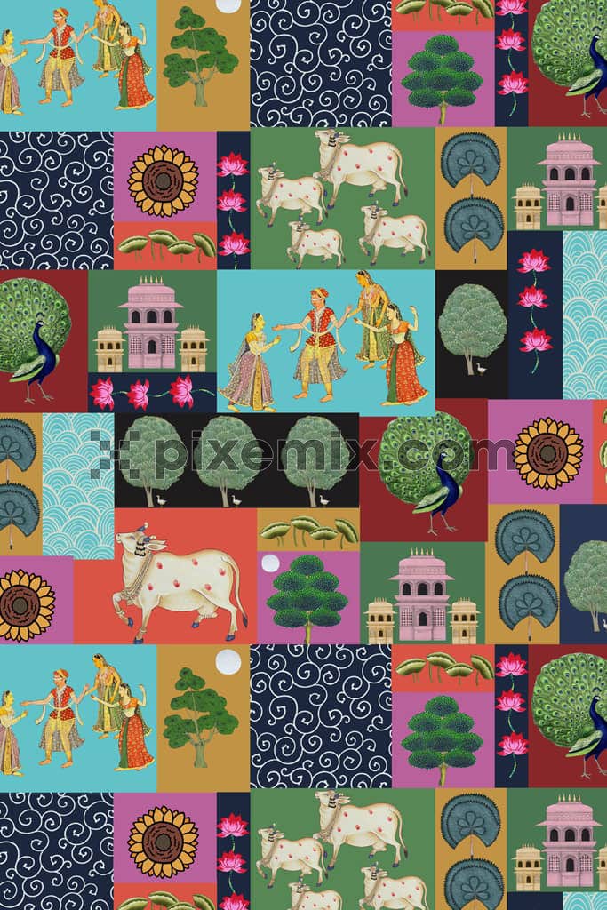 Pichwai art inspired indian motif product graphic with seamless repeat pattern