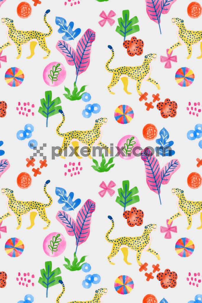 Watercolor leaves and tiger product graphic with seamless repeat pattern