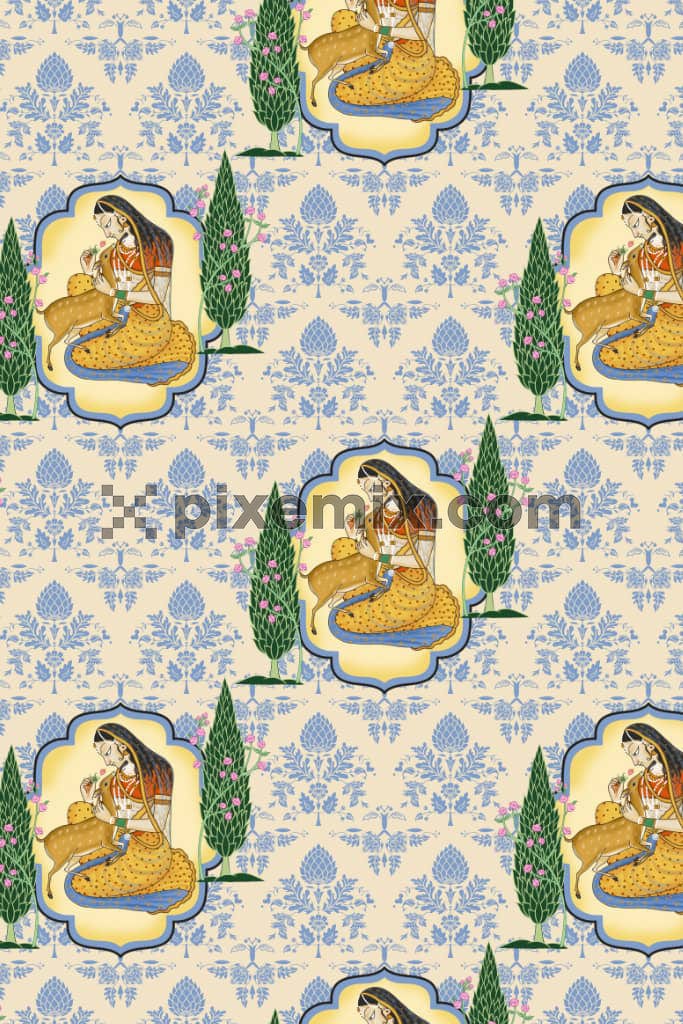 Pichwai art inspired mughal women and dear product graphic with seamless repeat pattern