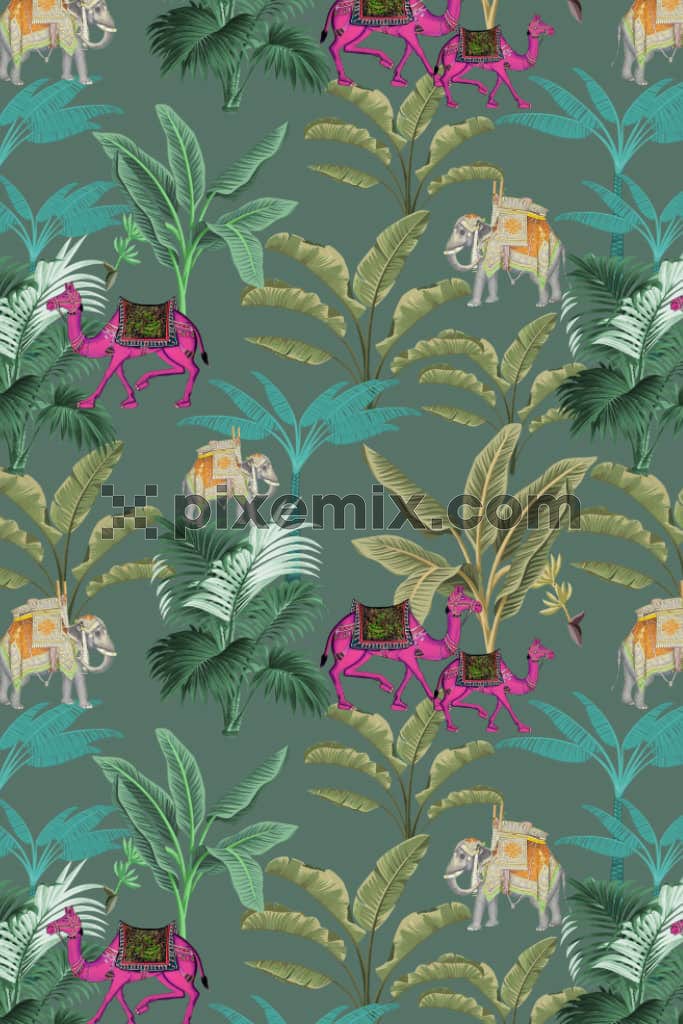 Pichwai art inspired banana tree and camel product graphic with seamless repeat pattern