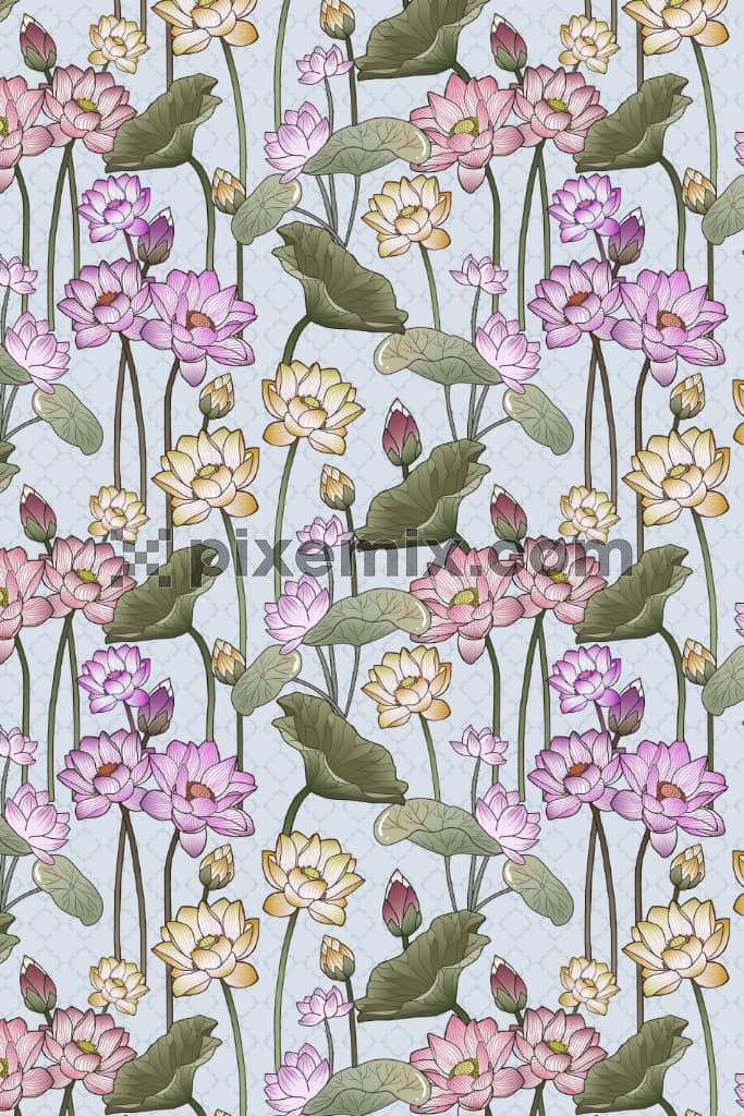 Pichwai art inspired lotus and leaves product graphic with seamless repeat pattern