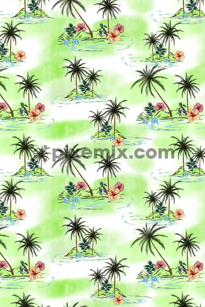 Tie-dye art inspired tropical beach product graphic with seamless repeat pattern