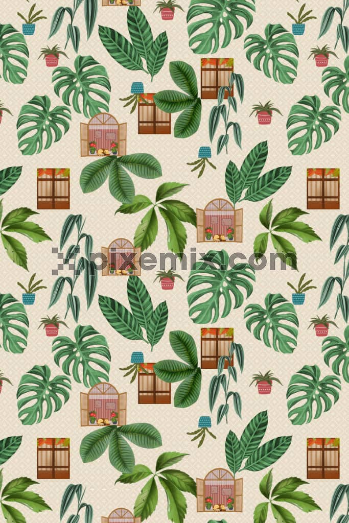 Tropical leaves and window product graphic with seamless repeat pattern