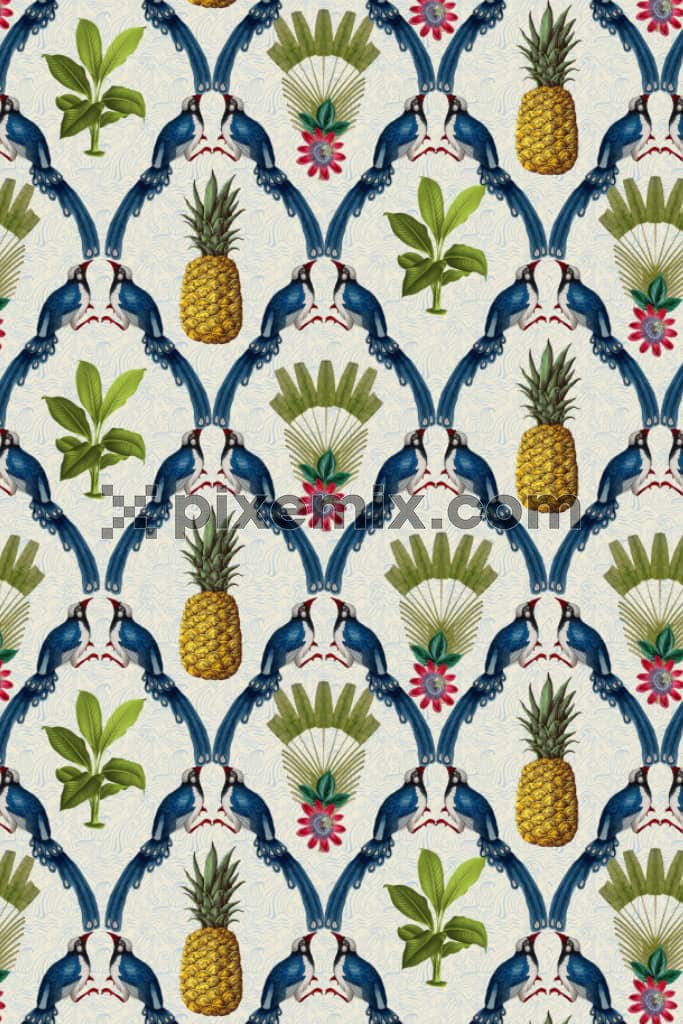 Tropical birds and pineapple product graphic with seamless repeat pattern