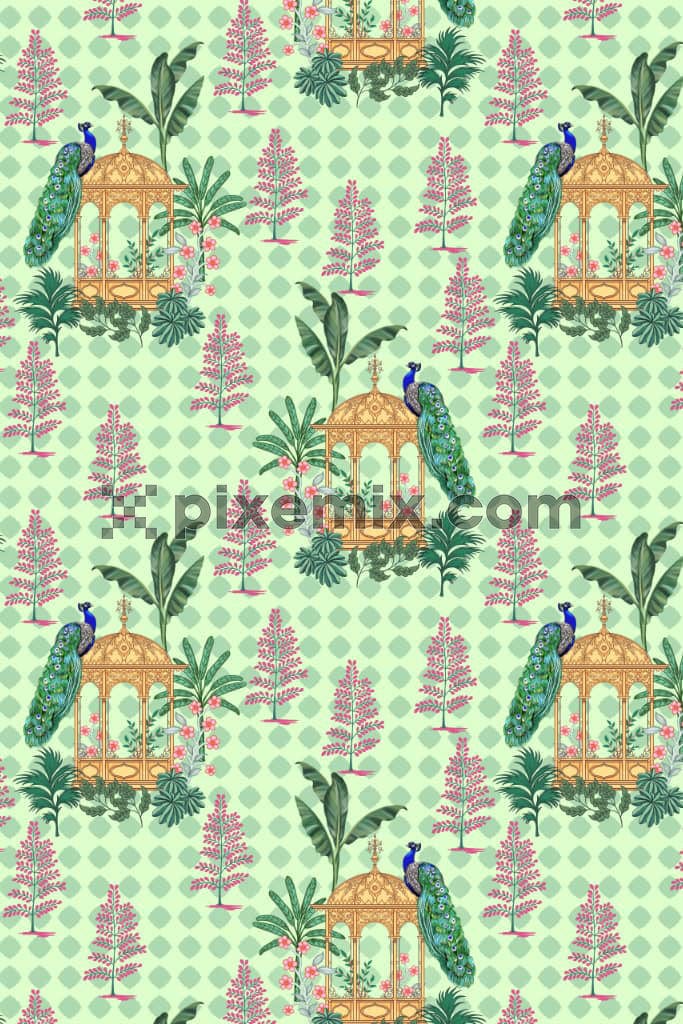 Traditional mughal garden and peacock product graphic with seamless repeat pattern