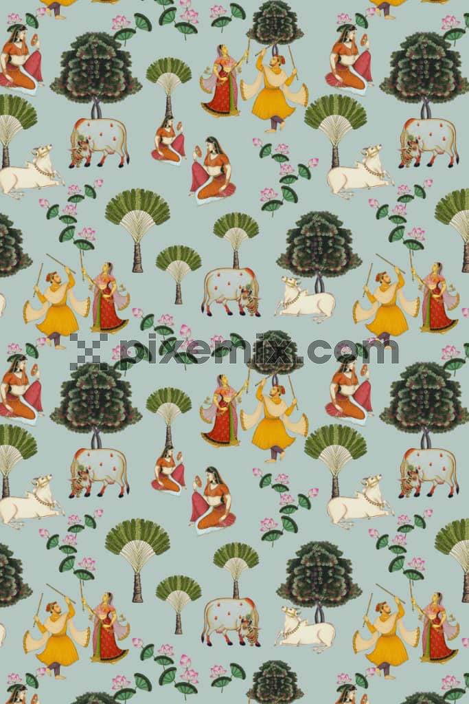 Mughal garden and animal product graphic with seamless repeat pattern