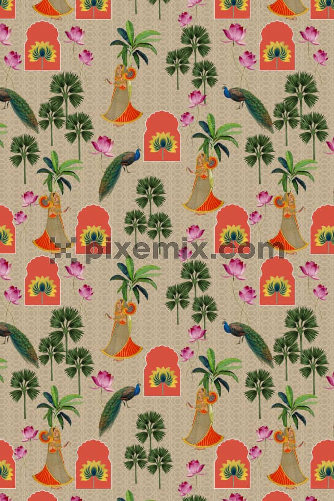 Mughal art inspired palm tree and peacock product graphic with seamless repeat pattern