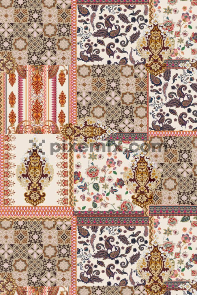 Kalamkari floral and paisley art product graphic with seamless repeat pattern