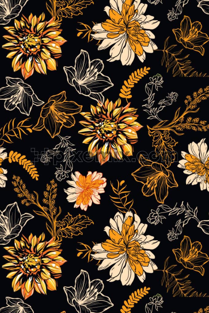 Midnight florals art product graphic with seamless repeat pattern