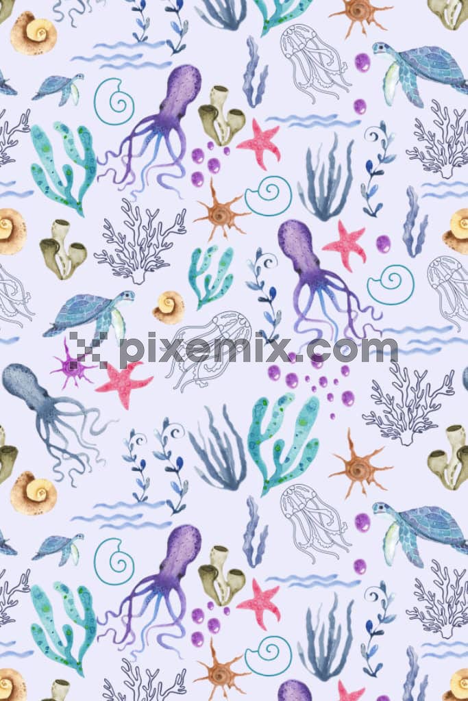 Nautical life inspired watercolor art product graphic with seamless repeat pattern