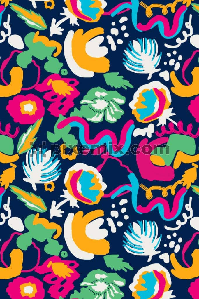 Hand-drawn floral and abstract shape product graphic with seamless repeat pattern