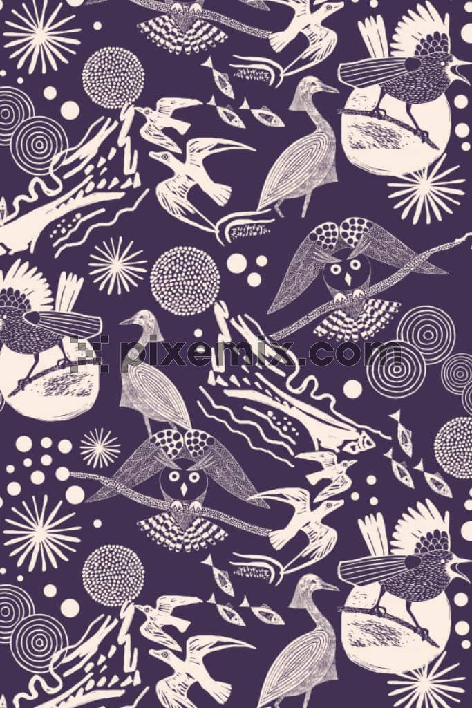 Vector illustration of florals and birds product graphic with seamless repeat pattern