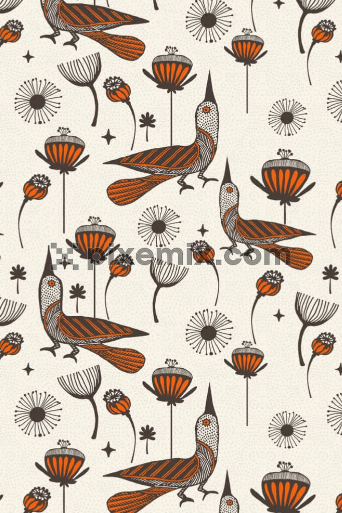 Vector birds arount florals product graphic with seamless repeat pattern