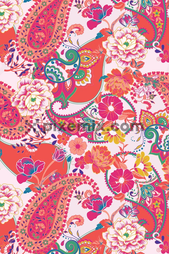 Paisley and kalamkari florals in a captivating product graphic with a seamless repeat pattern