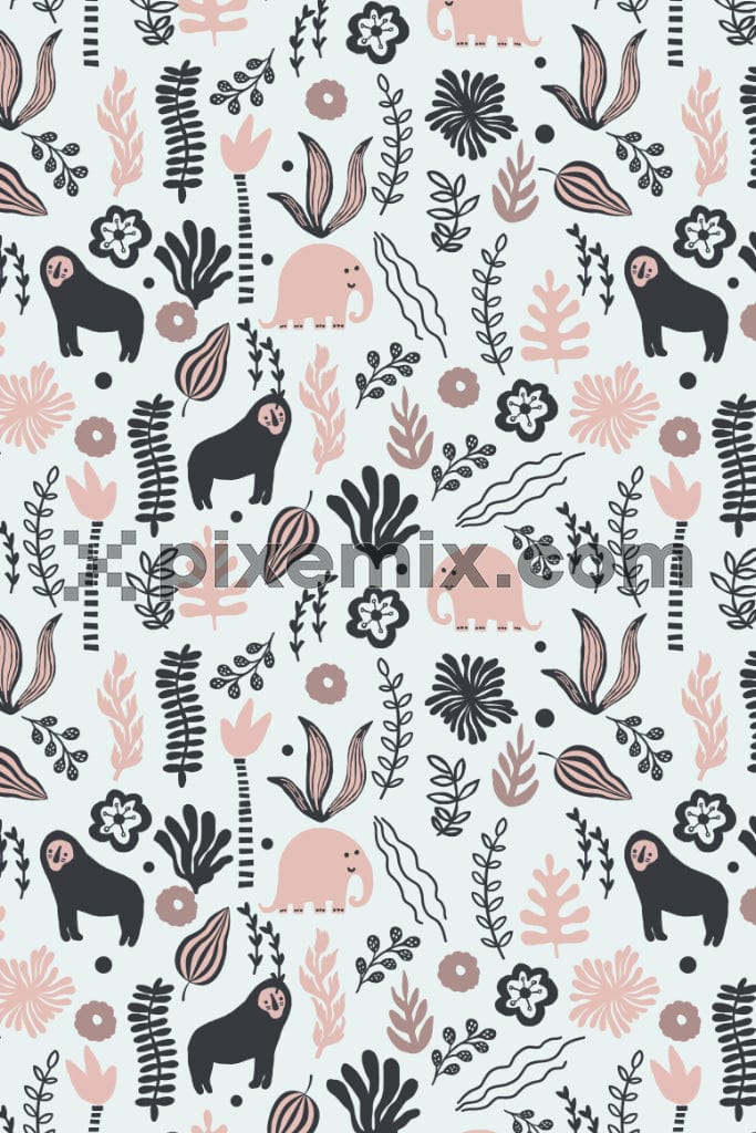 Cartoon animal and florals and leaves product graphic with seamless repeat pattern