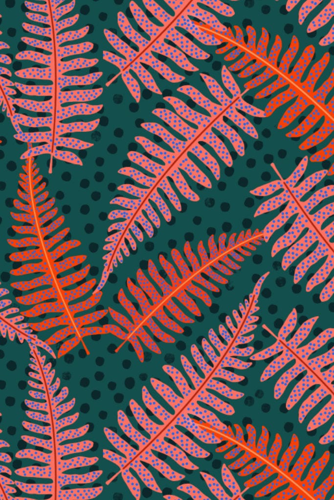 Doodle leaves and abstract dot product graphic with seamless repeat pattern