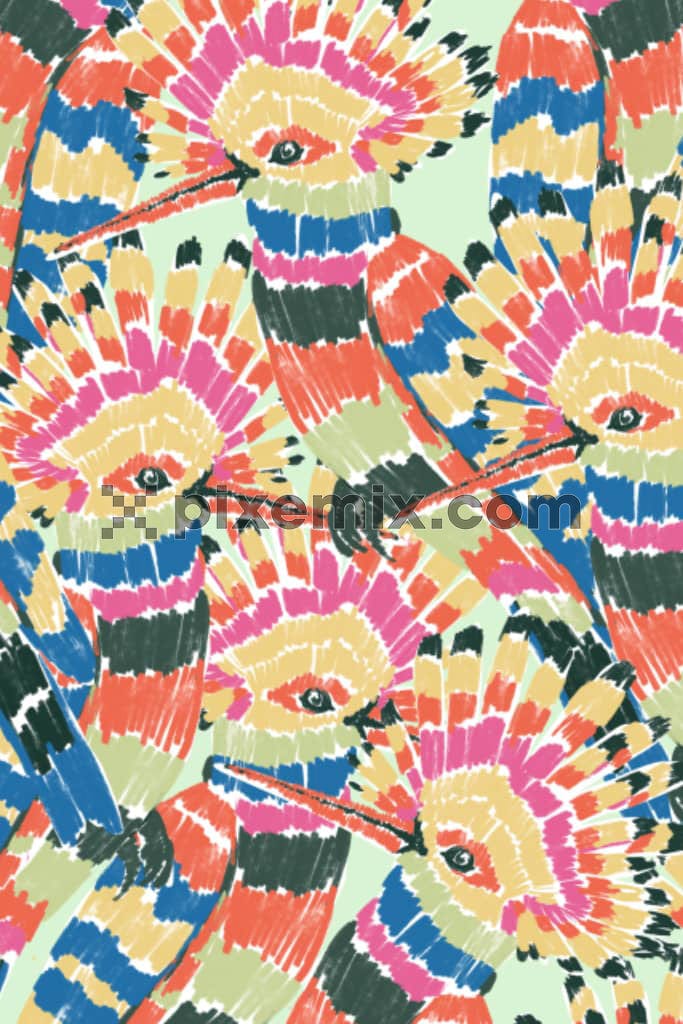 Boho art inspired tribal ikkat birds product graphic with seamless repeat pattern