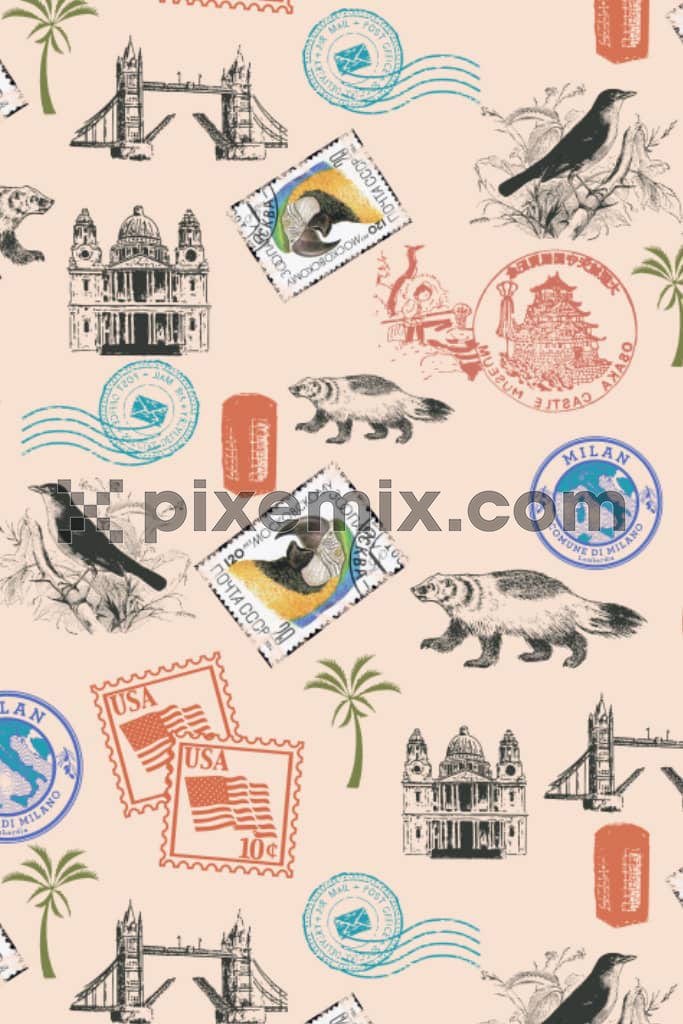 Adventure art inspired digital post card product graphic with seamless repeat pattern