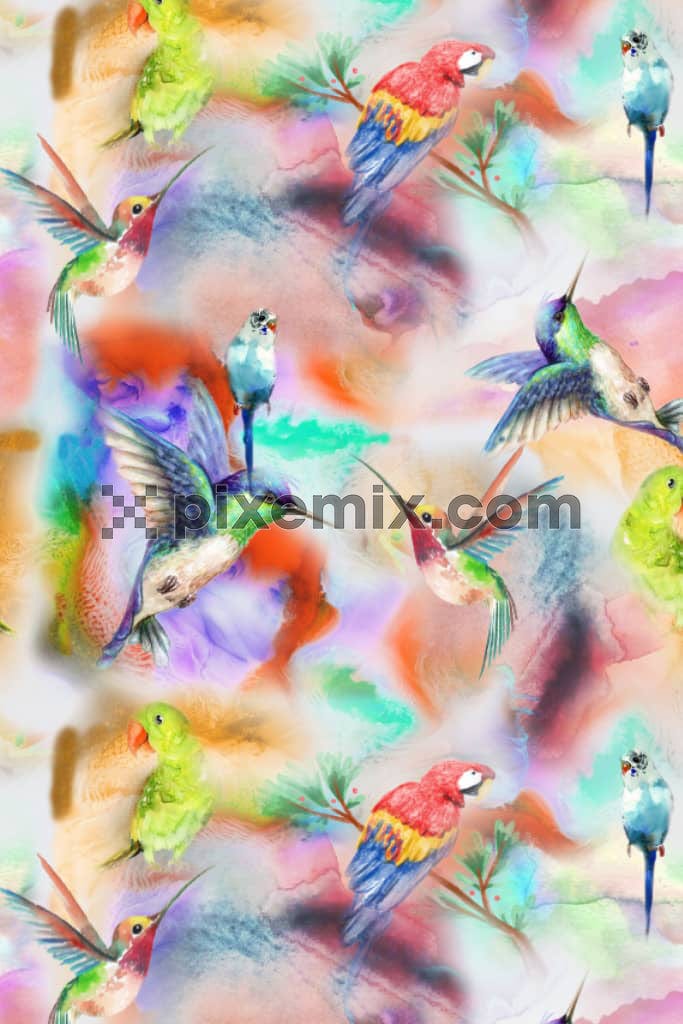 Digital bird and splash effect product graphic with seamless repeat pattern