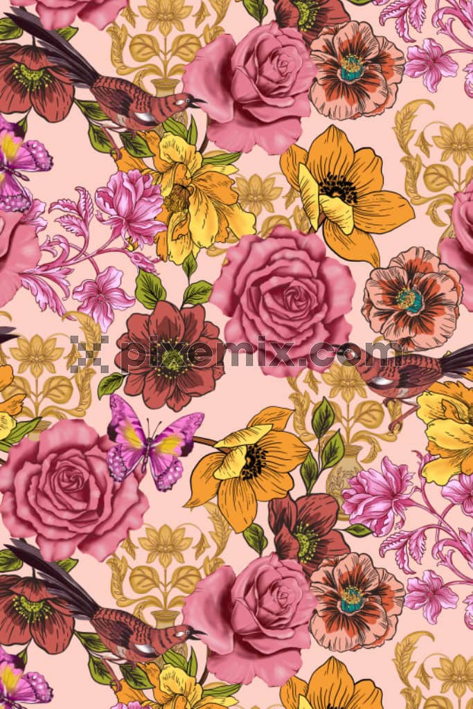 Digital florals and birds product graphic with seamless repeat pattern