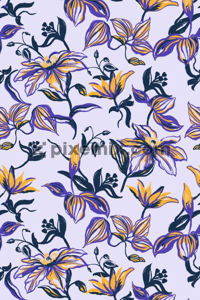 Hand-drawn florals and laeves product graphic with seamless repeat pattern