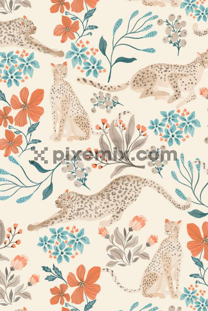 Vector tiger and florals product graphic with seamless repeat pattern