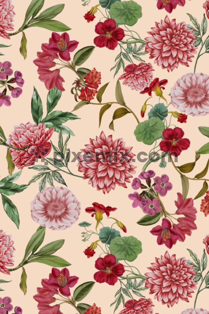 An illustration of variety of flowers in shades of red with a seamless repeating pattern