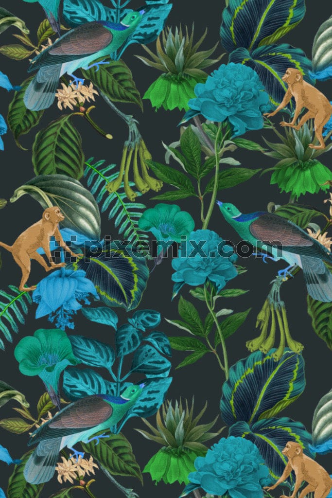 A seamless  repeating pattern of flaura and fauna in bright shades of green and blue with dark backround