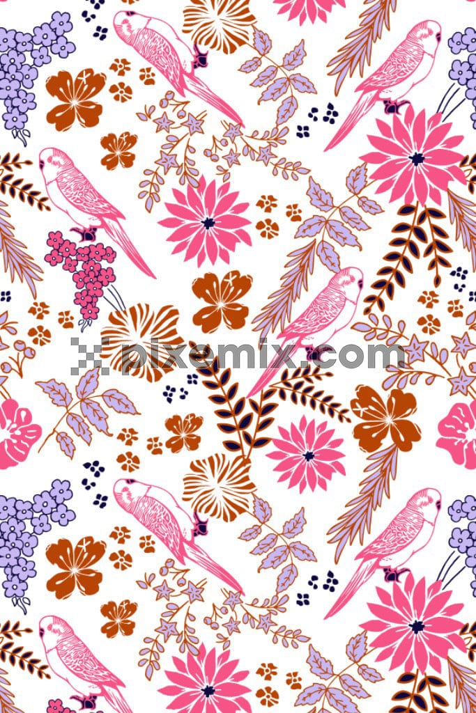 A seamless repeating pattern of colourful birds and flowers in a white backround