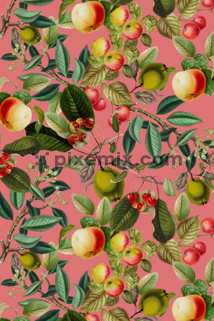Digital art inspired A seamless, repeating pattern of tropical fruits in a pastel backround