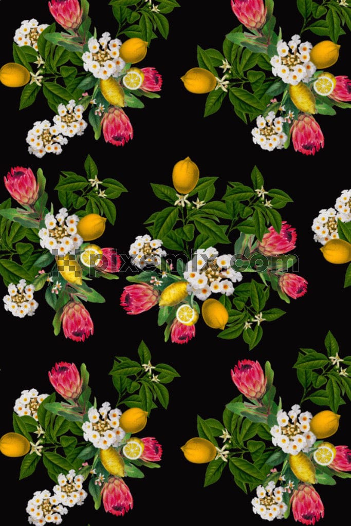 An intriguing graphic featuring lemons and leaves in a seamless, repeating pattern