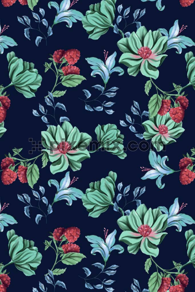 A hand drawn floral illustration of digital flowers and berries with a seamless repeating pattern.
