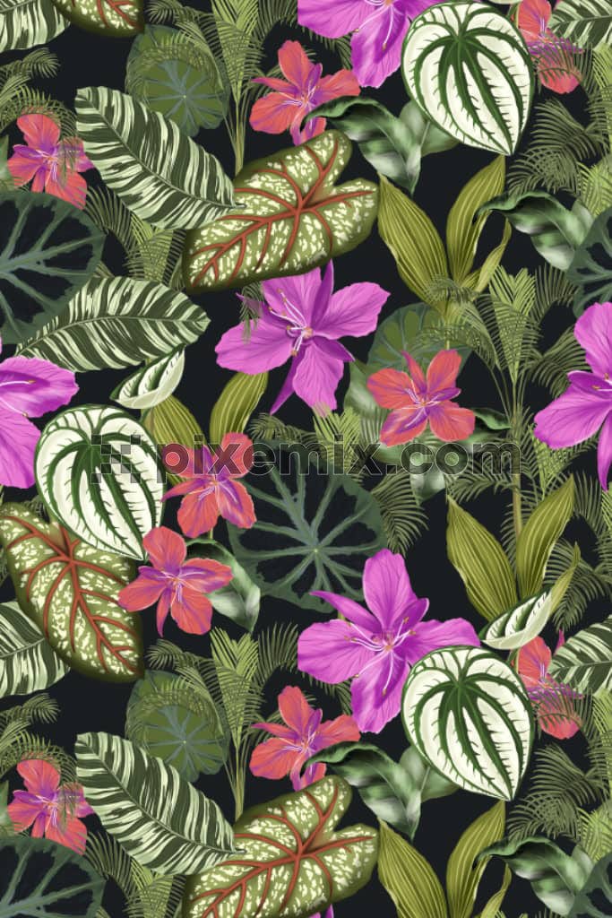 A hand drawn floral illustration of tropical flowers and leaves with a seamless repeating pattern.