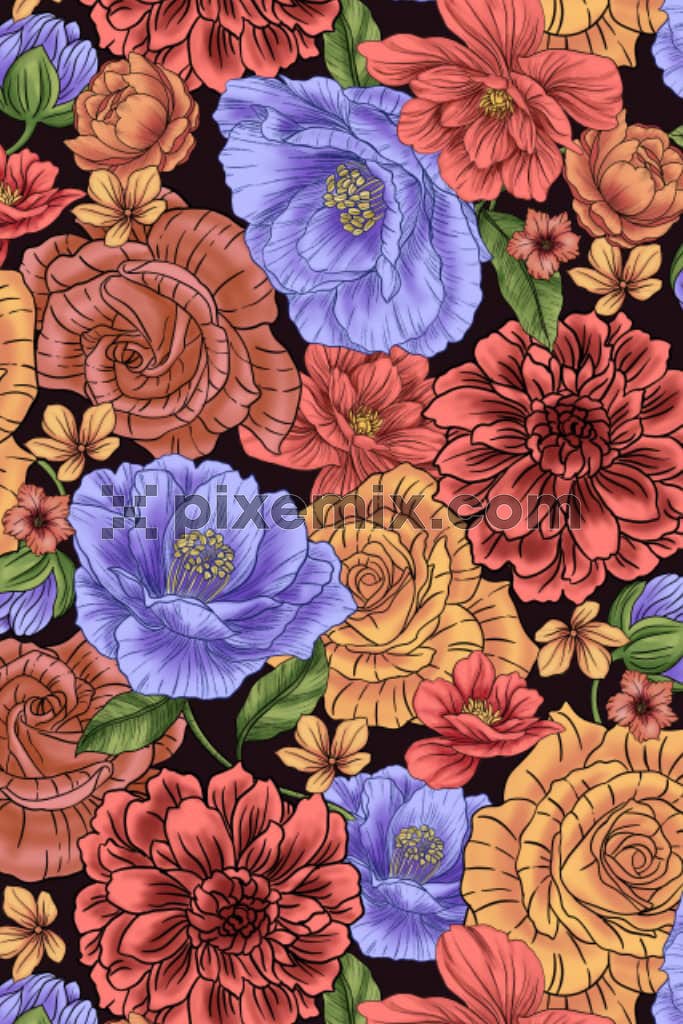 A hand drawn floral illustration of digital flowers and leaves with a seamless repeating pattern.