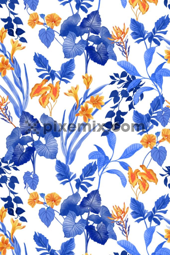 A hand drawn floral illustration of tropical flowers and leaves with a seamless repeating pattern in blue , orange and their shades.