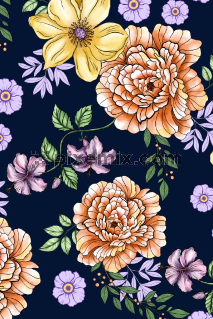 A hand drawn graphic featuring digital flowers in a dark backgroud with a seamless repeating pattern. 