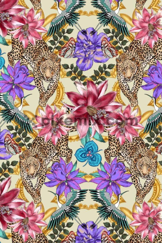 A hand drawn phsychedelic artwork featuring flora and fauna in a seamless repeating pattern.