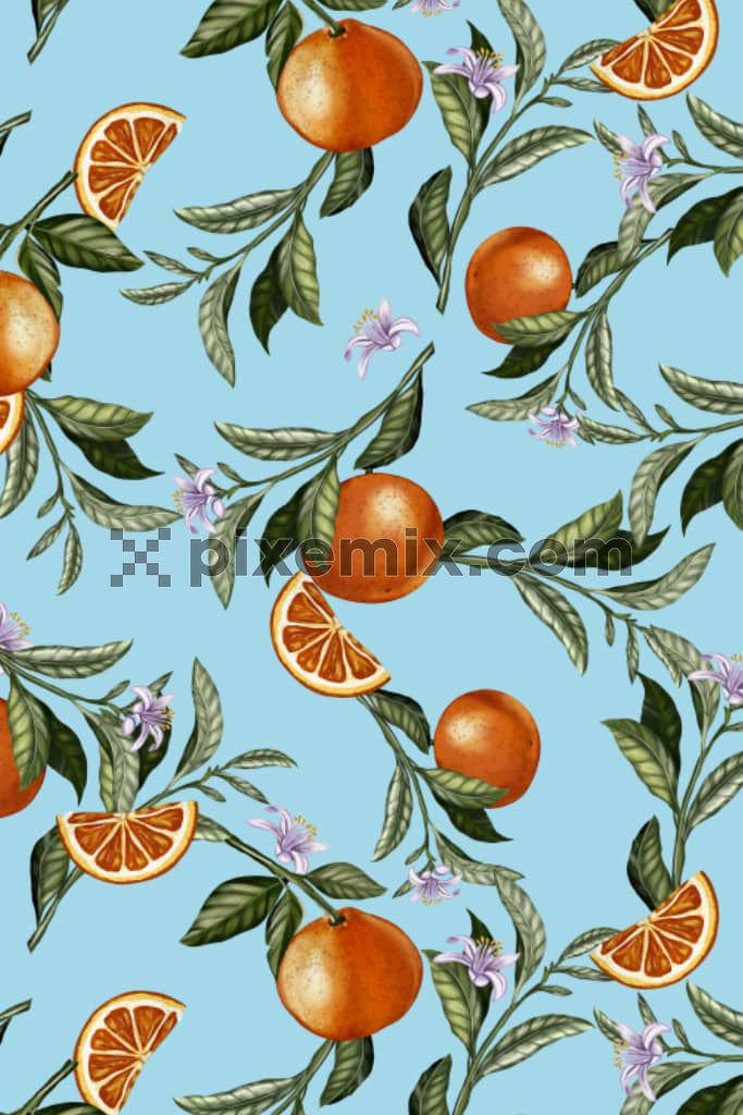 A piece of artwork depicting  flowers and oranges in a seamless repeating pattern.