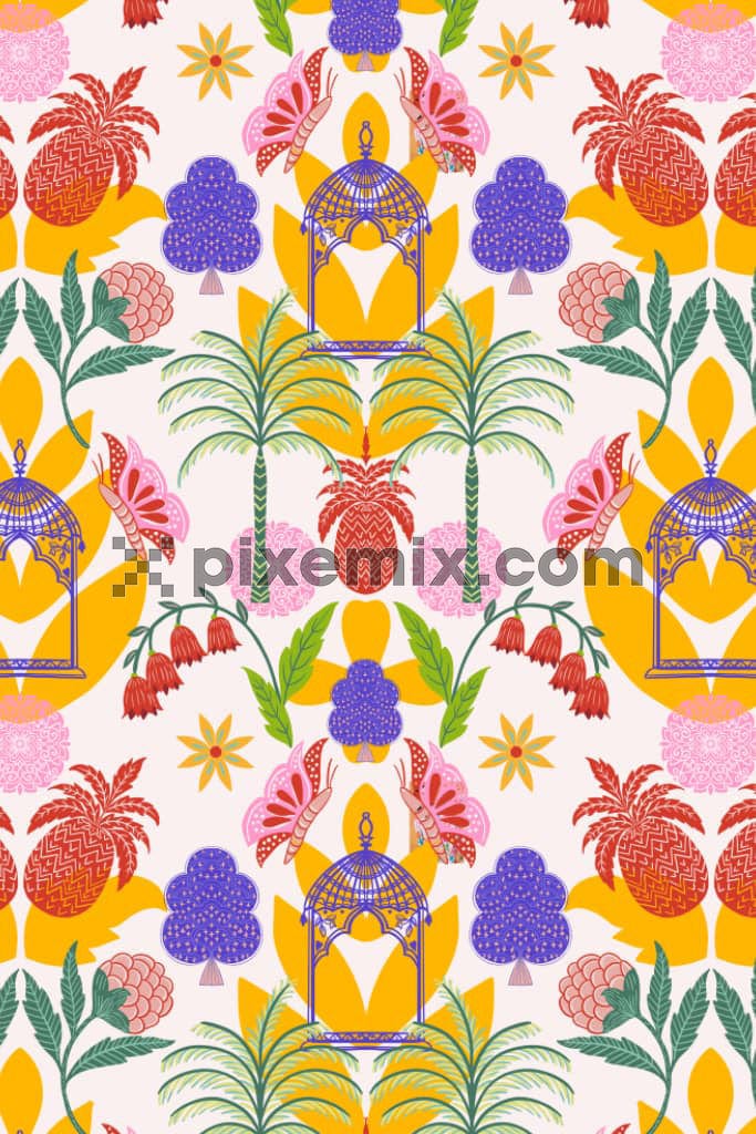 A hand drawn illustration of trees, butterflies, flowers and fruits in a seamless repeating pattern.