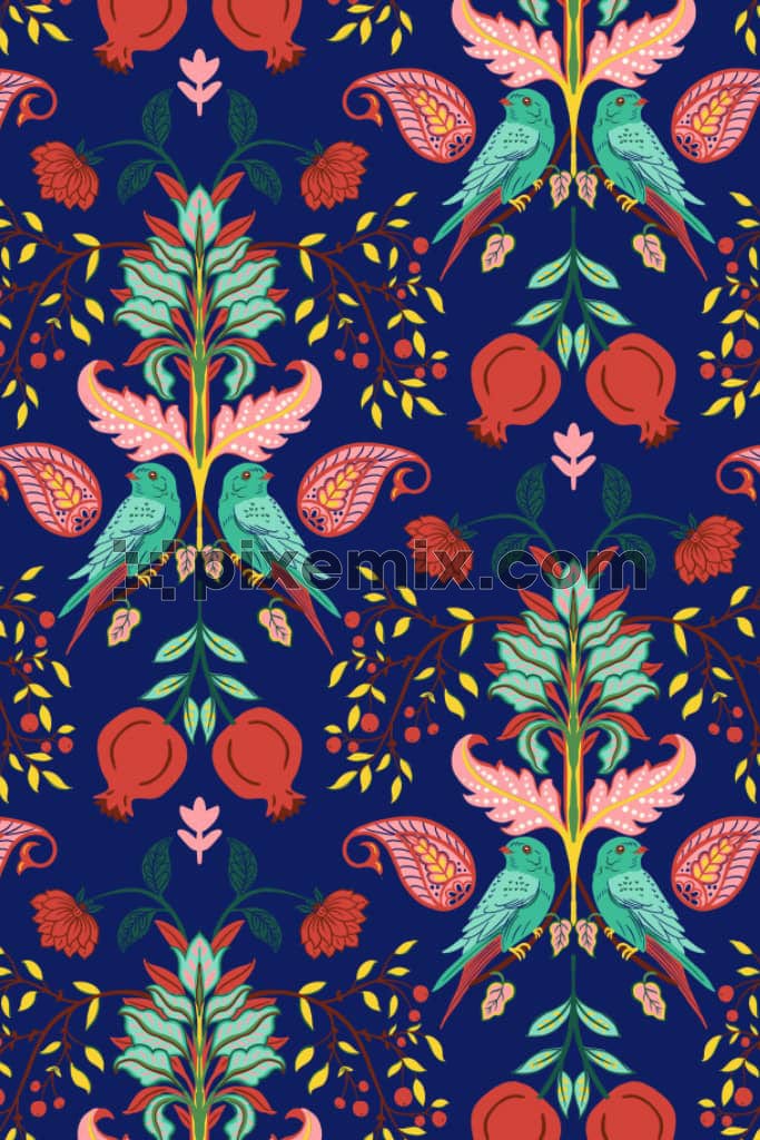 A traditional hand drawn illustration featuing birds and paisely designs and fruits in a seamless repeating pattern.