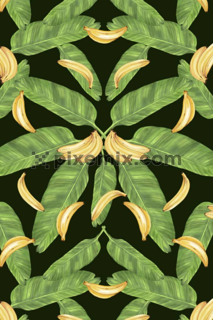 A handmade illustration featuring plaintain leaves and bananas in a seamless repeating pattern.