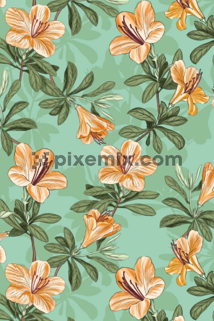 A handmade illustration featuring florals and leaves  and it's shadows in a seamless repeating pattern.