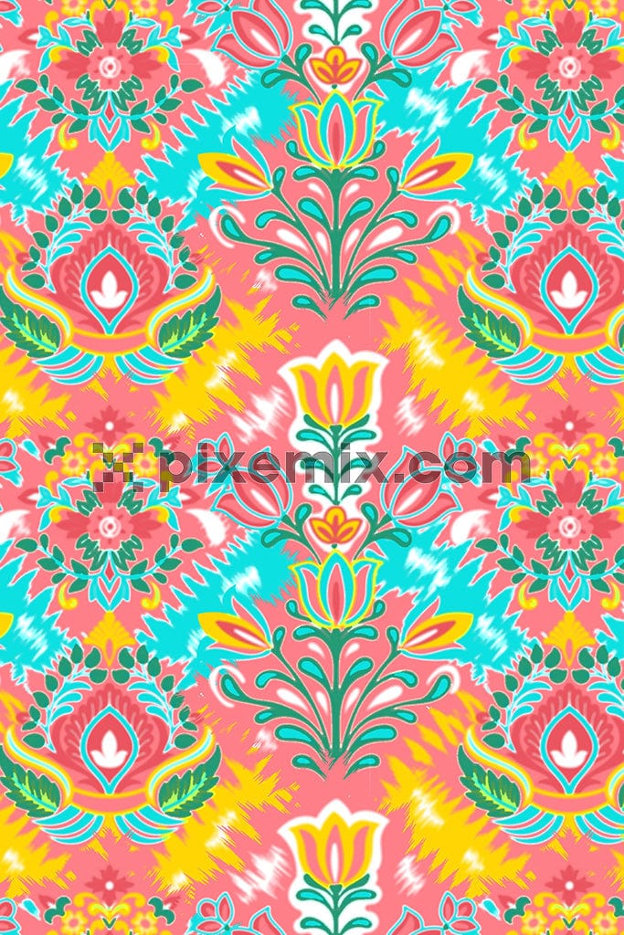 A hand drawn illustration featuring traditional elements in a seamless repeating pattern.