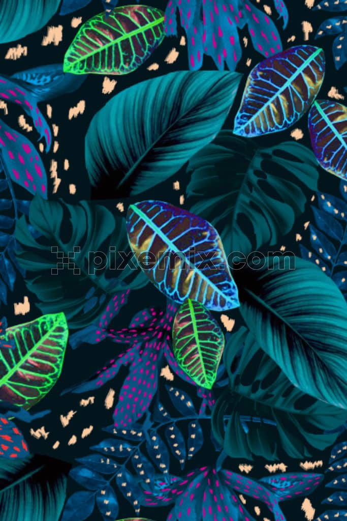 A hand drawn illustration of digital tropical leaves with neon highlights in a seamless repeating pattern