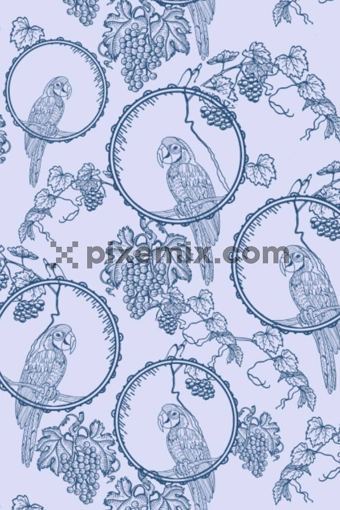 A hand drawn illustration featuring birds and grapes in a seamless repeating pattern