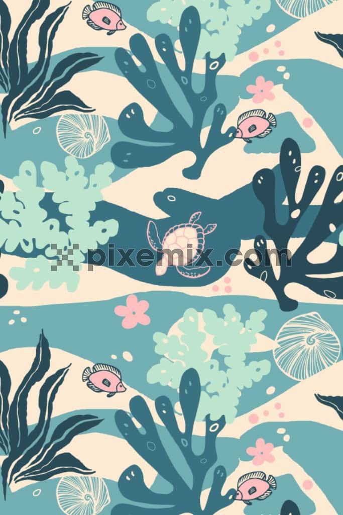 A hand drawn illustration featuring aquatic animals and ocean elements in a seamless repeating pattern